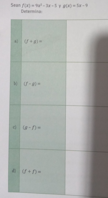 Sean f(x)=9x^2-3x-5 y g(x)=5x-9
Determina: