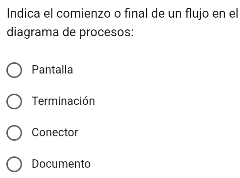 Indica el comienzo o final de un flujo en el
diagrama de procesos:
Pantalla
Terminación
Conector
Documento