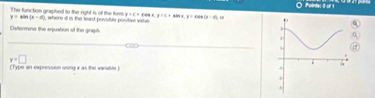 The function graphed to the right is of the form
y=sin (x-d) , where d is the least possible positive value y=c+cos x, y=c+sin x, y=cos (x-d) of 
Defermine the equation of the graph
y=□
(Type an expression using x as the variable )