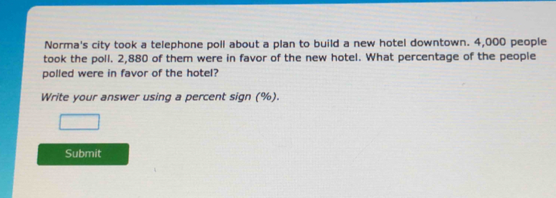 Norma's city took a telephone poll about a plan to build a new hotel downtown. 4,000 people 
took the poll. 2,880 of them were in favor of the new hotel. What percentage of the people 
polled were in favor of the hotel? 
Write your answer using a percent sign (%). 
Submit