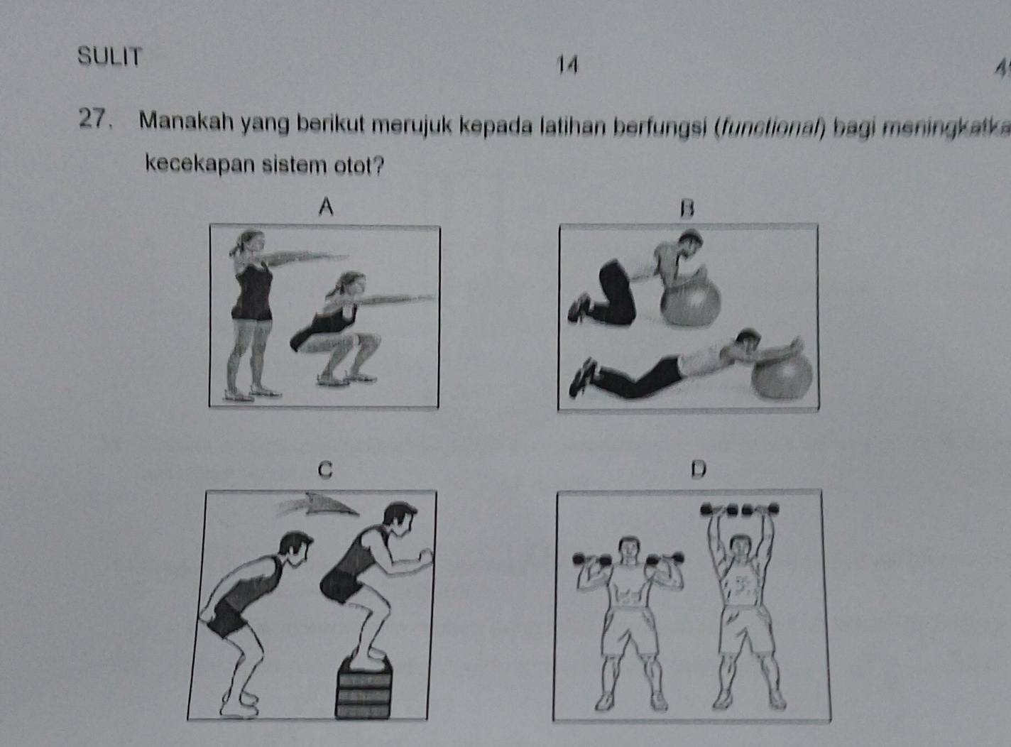 SULIT
14
4
27. Manakah yang berikut merujuk kepada latihan berfungsi (functional) bagi meningk ak
kecekapan sistem otot?
A
B
C
D