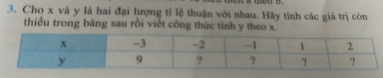 Cho x và y là hai đại lượng tỉ lệ thuận với nhau. Hãy tính các giá trị còn 
thiếu trong bảng sau rồi viết công thức tinh y theo x.