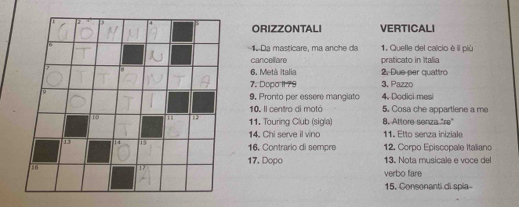 ORIZZONTALI VERTICALI 
Da masticare, ma anche da 1. Quelle del calcio è il più 
cancellare praticato in Italia 
6. Metà Italia 2. Due per quattro 
7. Dopo II79 3. Pazzo 
9. Pronto per essere mangiato 4. Dodici mes 
10. Il centro di motó 5. Cosa che appartiene a me 
11. Touring Club (sigla) 8. Attore senza "re" 
14. Chi serve il vino 11. Etto senza iniziale 
16. Contrario di sempre 12. Corpo Episcopale Italiano 
17. Dopo 13. Nota musicale e voce del 
verbo fare 
15. Consonanti di spía