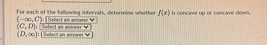 For each of the following intervals, determine whether f(x) is concave up or concave down.
(-∈fty ,C) : [ Select an answer
(C,D) : Select an answer
(D,∈fty ) : | Select an answer