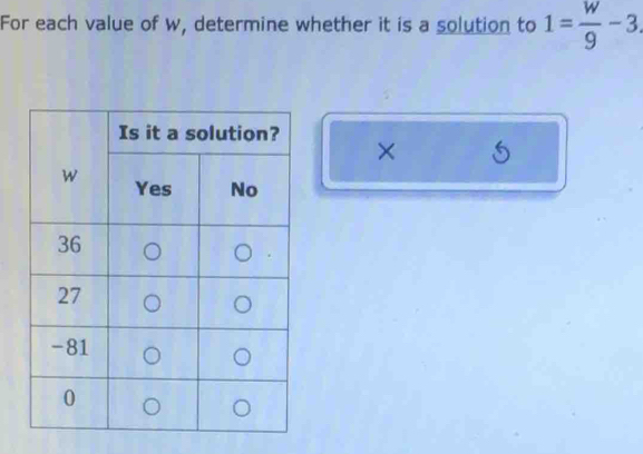 For each value of w, determine whether it is a solution to 1= w/9 -3. 
× 5