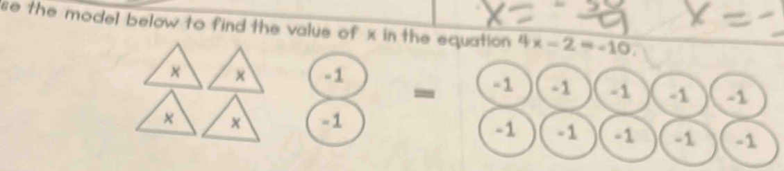 se the model below to find the value of x in the equation 4x-2=-10.
-1
- -1 -1 -1 -1 -1
-1
-1 -1 -1 -1 -1