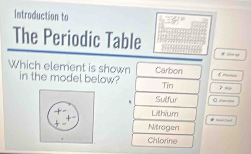 Introduction to 
The Periodic Table
% Gva-ug 
Which element is shown Carbon 
in the model below? 
Parles 
Tin sg 
Sulfur Q, Omrion 
Lithium 
Sans Cars 
Nitrogen 
Chlorine