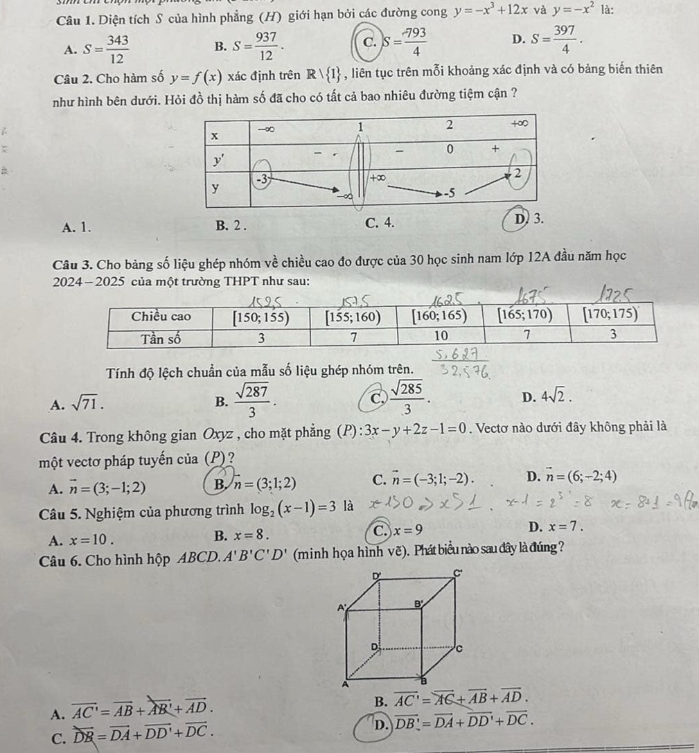 Diện tích S của hình phẳng (H) giới hạn bởi các đường cong y=-x^3+12x và y=-x^2 là:
A. S= 343/12  S= 937/12 . S= 793/4  D. S= 397/4 .
B.
C.
Câu 2. Cho hàm số y=f(x) xác định trên Rvee  1 , liên tục trên mỗi khoảng xác định và có bảng biến thiên
như hình bên dưới. Hỏi đồ thị hàm số đã cho có tất cả bao nhiêu đường tiệm cận ?
B
A. 1. B. 2 . C. 4. D. 3.
Câu 3. Cho bảng số liệu ghép nhóm về chiều cao đo được của 30 học sinh nam lớp 12A đầu năm học
2024-2025 của một trường THPT như sau:
Tính độ lệch chuẩn của mẫu số liệu ghép nhóm trên.
D.
A. sqrt(71). B.  sqrt(287)/3 . C.  sqrt(285)/3 . 4sqrt(2).
Câu 4. Trong không gian Oxyz , cho mặt phẳng (P) 3x-y+2z-1=0. Vectơ nào dưới đây không phải là
một vectơ pháp tuyến của (P)?
C.
A. vector n=(3;-1;2) B. vector n=(3;1;2) vector n=(-3;1;-2). D. vector n=(6;-2;4)
Câu 5. Nghiệm của phương trình log _2(x-1)=3 là
C. x=9 x=7.
A. x=10.
B. x=8.
D.
Câu 6. Cho hình hộp ABCD. A'B'C'D' (minh họa hình vhat e). Phát biểu nào sau đây là đúng ?
A. overline AC'=overline AB+overline AB'+overline AD.
B. overline AC'=overline AC+overline AB+overline AD.
C. vector DB=vector DA+vector DD'+vector DC.
D. overline DB'=overline DA+overline DD'+overline DC.