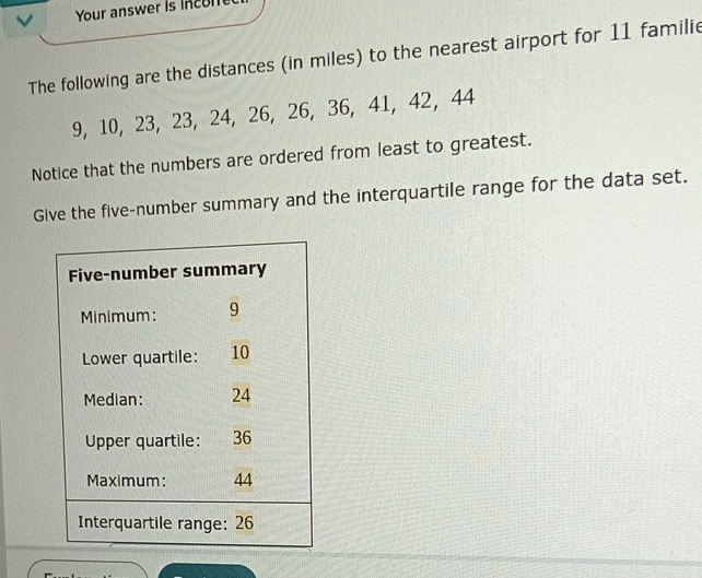 Your answer is incone 
The following are the distances (in miles) to the nearest airport for 11 familie
9, 10, 23, 23, 24, 26, 26, 36, 41, 42, 44
Notice that the numbers are ordered from least to greatest. 
Give the five-number summary and the interquartile range for the data set.