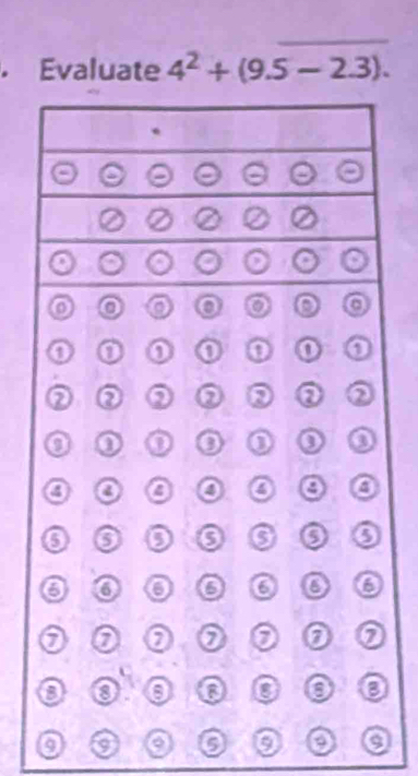 Evaluate 4^2+(9.5-2.3).
9
9 a a