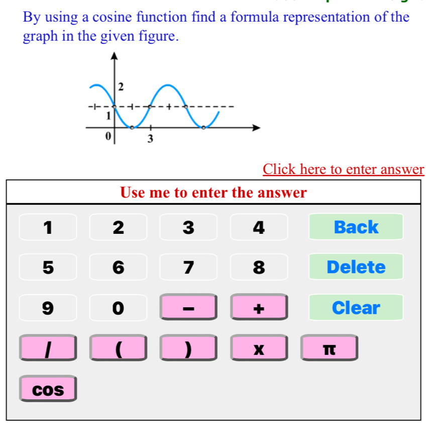 By using a cosine function find a formula representation of the 
graph in the given figure. 
Click here to enter answer 
Use me to enter the answer
1 2 3 4 Back
5 6 7 8 Delete
9 0 Clear 
- 
+ 
( 
)
x
π
cos