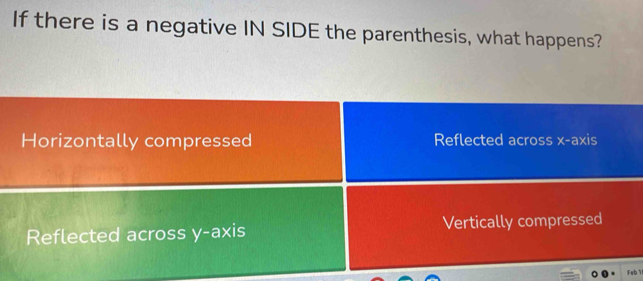 If there is a negative IN SIDE the parenthesis, what happens?
Horizontally compressed Reflected across x-axis
Reflected across y-axis Vertically compressed
。 Feb 1