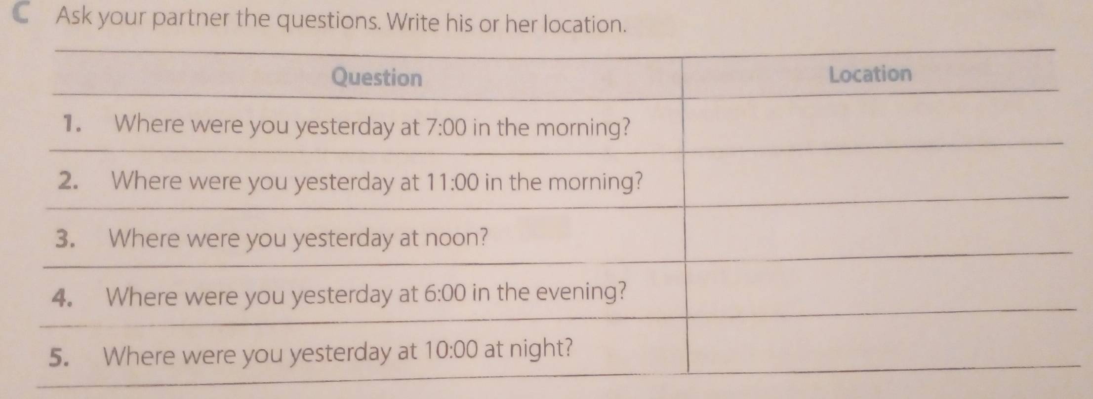 C£Ask your partner the questions. Write his or her location.