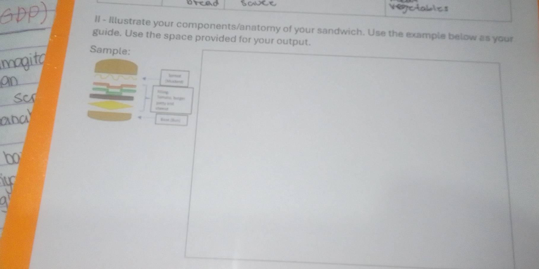 Vigctables 
II - Illustrate your components/anatomy of your sandwich. Use the example below as your 
guide. Use the space provided for your output. 
Sample: 
Sormual 
Materd 
siting 
Seesata harger 
ponty and 
(tist 
4 Wase (bur)