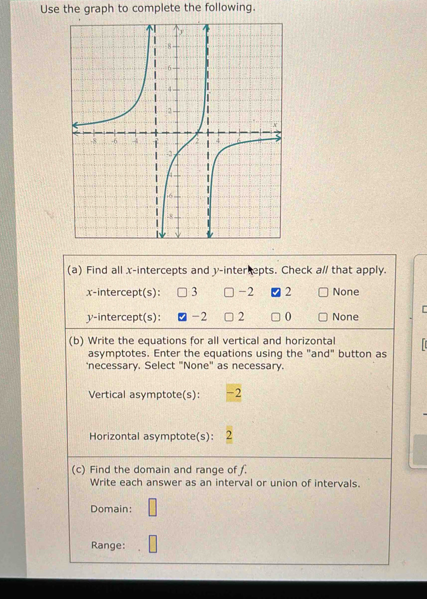 Use the graph to complete the following.
(a) Find all x-intercepts and y -inter epts. Check a// that apply.
x-intercept(s): 3 -2 2 None
y-intercept(s): -2 2 0 None
(b) Write the equations for all vertical and horizontal
asymptotes. Enter the equations using the "and" button as
*necessary. Select "None" as necessary.
Vertical asymptote(s): -2
Horizontal asymptote(s): 2
(c) Find the domain and range of f.
Write each answer as an interval or union of intervals.
Domain:
Range: