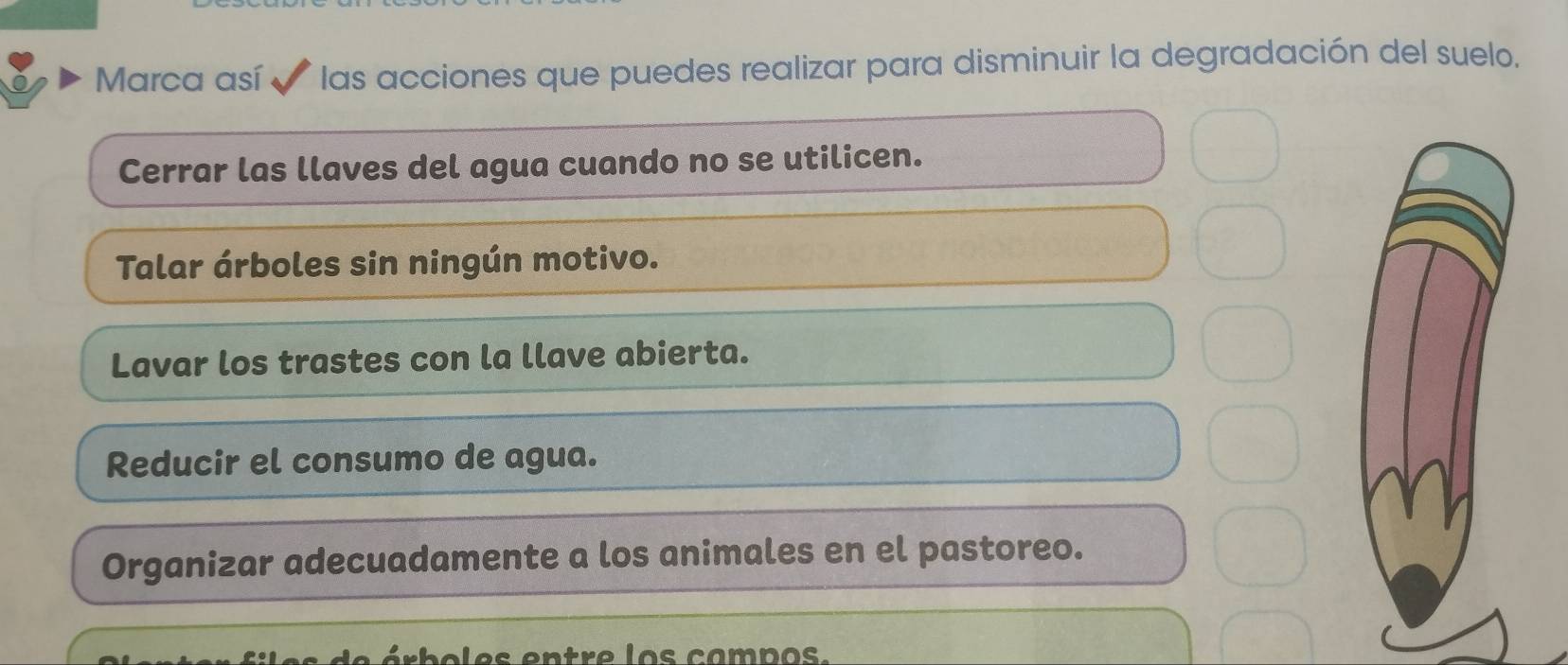 Marca así * las acciones que puedes realizar para disminuir la degradación del suelo.
Cerrar las llaves del agua cuando no se utilicen.
Talar árboles sin ningún motivo.
Lavar los trastes con la llave abierta.
Reducir el consumo de agua.
Organizar adecuadamente a los animales en el pastoreo.
érboles entre los campos.