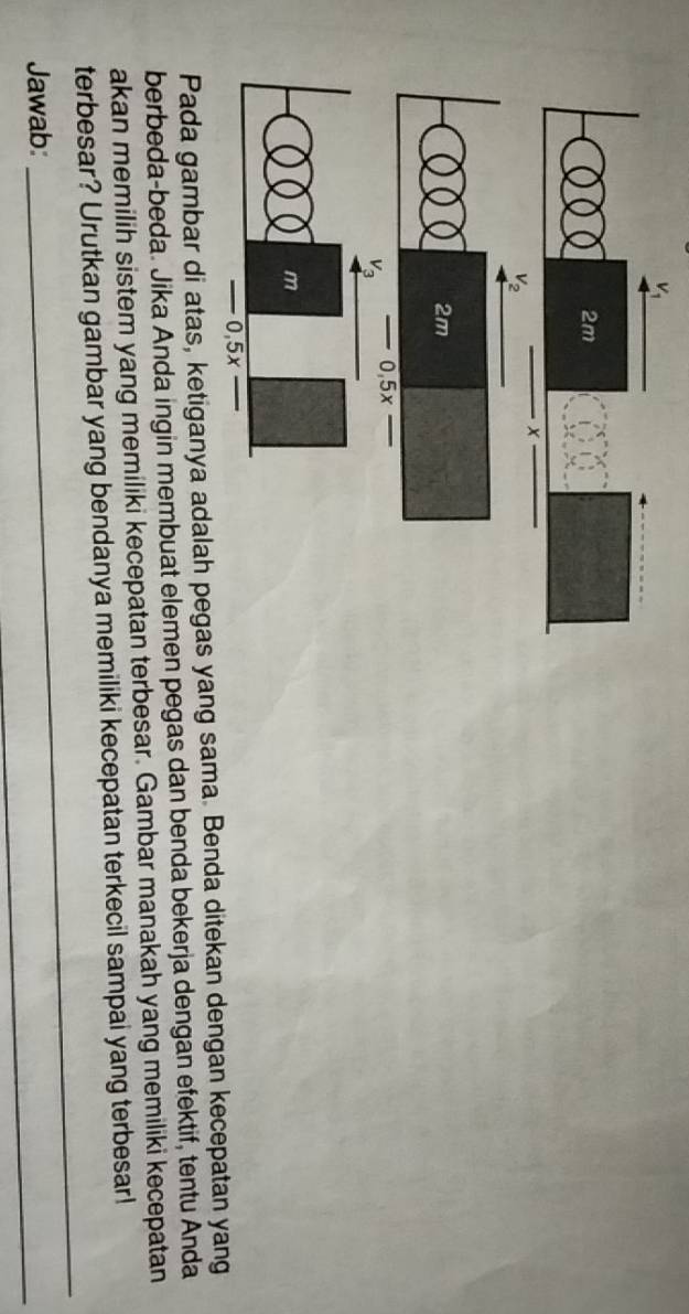 ng sama. Benda ditekan dengan kecepatan yang
berbeda-beda. Jika Anda ingin membuat elemen pegas dan benda bekerja dengan efektif, tentu Anda
akan memilih sistem yang memiliki kecepatan terbesar. Gambar manakah yang memiliki kecepatan
_
terbesar? Urutkan gambar yang bendanya memiliki kecepatan terkecil sampai yang terbesar!
_
Jawab: