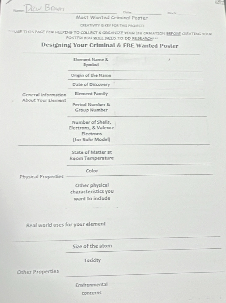 Oute_ Block_ 
Most Wanted Criminal Poster 
CREATIVITY IS KEY FOR THIS PROJECT! 
**"USE THIS PAGE FOR HELPING TO COLLECT & ORGANIZE YOUR INFORMATION BEFORE CREATING YOUR 
POSTER! YOU WILL NEED TO DO RESEARCH*** 
Designing Your Criminal & FBE Wanted Poster 
Element Name & 
Symbol 
Origin of the Name 
Date of Discovery 
General Information Element Family 
About Your Element 
Period Number & 
Group Number 
Number of Shells, 
Electrons, & Valence 
Electrons 
(for Bohr Model) 
State of Matter at 
Room Temperature 
Color 
Physical Properties 
Other physical 
characteristics you 
want to include 
Real world uses for your element 
Size of the atom 
Toxicity 
_ 
Other Properties 
Environmental 
concerns