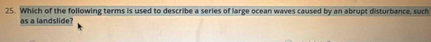 Which of the following terms is used to describe a series of large ocean waves caused by an abrupt disturbance, such 
as a landslide?