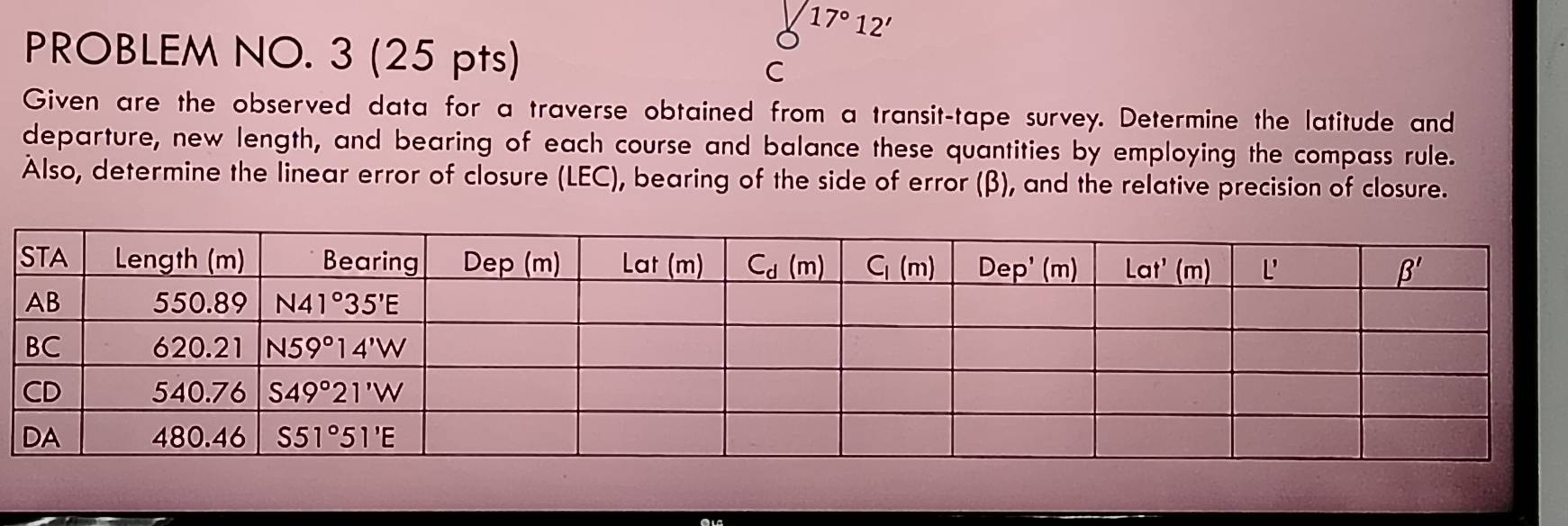 17°12'
PROBLEM NO. 3 (25 pts)
C
Given are the observed data for a traverse obtained from a transit-tape survey. Determine the latitude and
departure, new length, and bearing of each course and balance these quantities by employing the compass rule.
Also, determine the linear error of closure (LEC), bearing of the side of error (β), and the relative precision of closure.