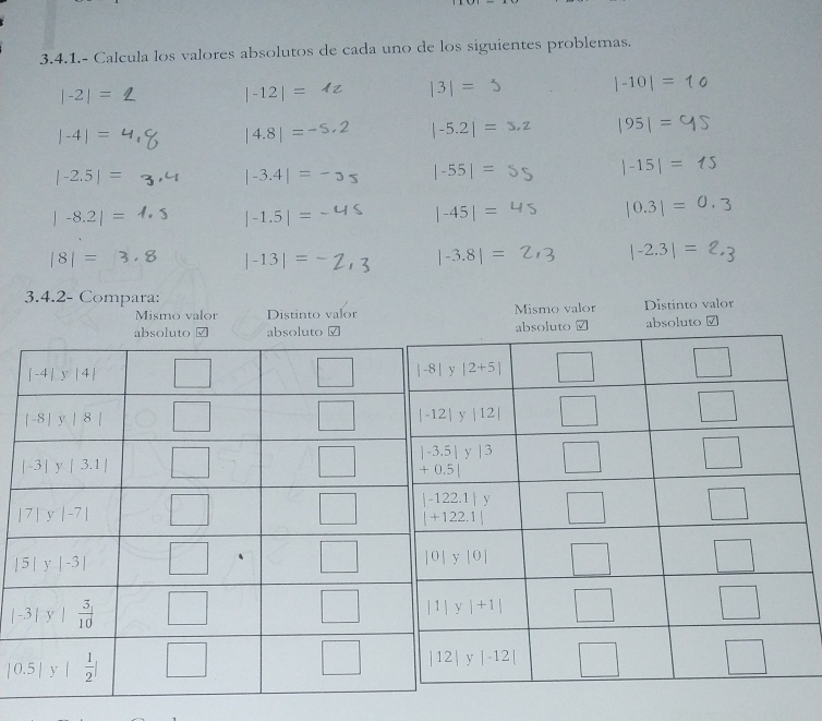 3.4.1.- Calcula los valores absolutos de cada uno de los siguientes problemas.
|-2|= |-12| = ◀z | 3 | = 5 |-10|=
|-4|= |4.8| =-s.2 |-5.2| = sz |95|=
|-2.5|=
|-3.4|= < <tex>|-55|= |-15|=
|-8.2|=
|-1.5|=
|-45|=
|0.3|=
|8|= |-2.3|=
|-13|= 2 |-3.8|=
|0.5|