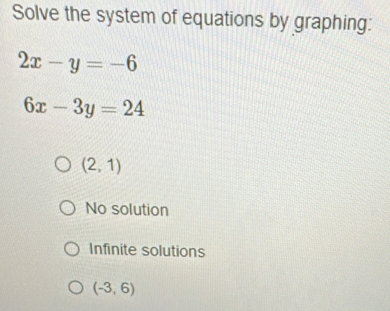 Solve the system of equations by graphing:
2x-y=-6
6x-3y=24
(2,1)
No solution
Infinite solutions
(-3,6)