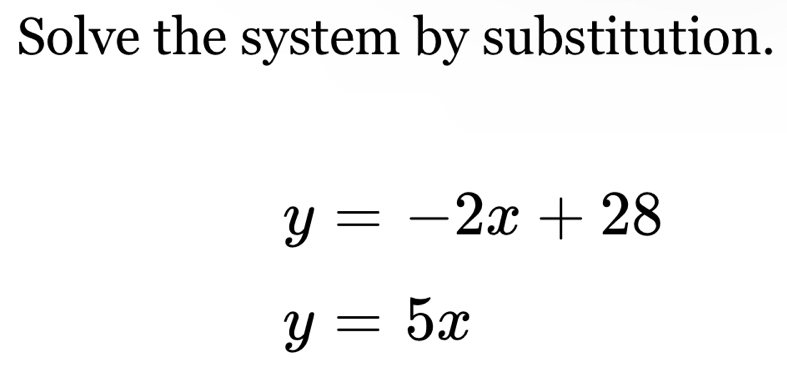 Solve the system by substitution.
y=-2x+28
y=5x