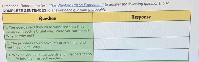 Directions: Refer to the text, “The Stanford Prison Experiment” to answer the following questions. Use