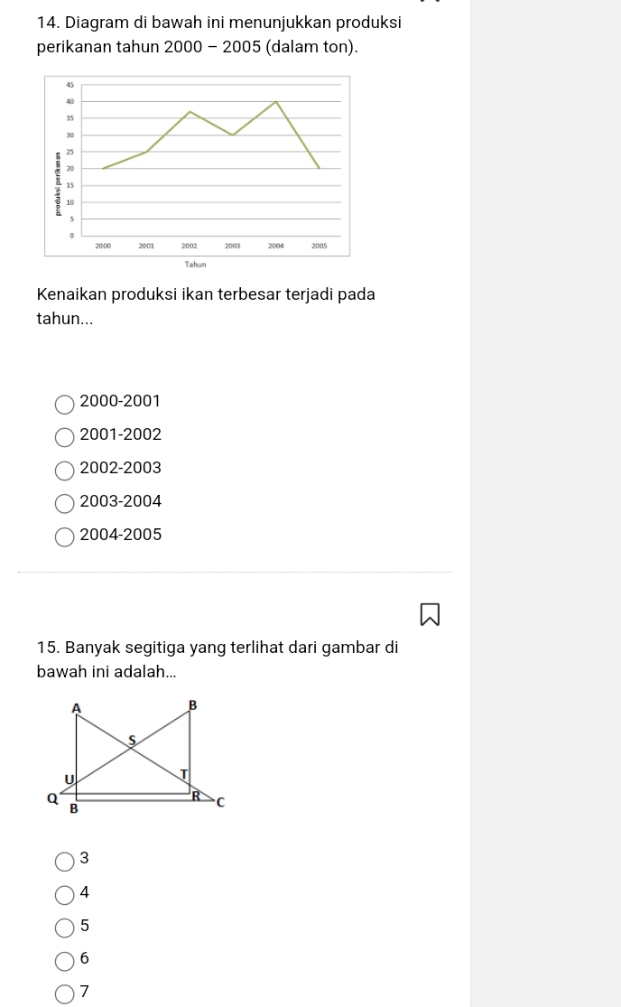 Diagram di bawah ini menunjukkan produksi
perikanan tahun 2000 - 2005 (dalam ton).
Kenaikan produksi ikan terbesar terjadi pada
tahun...
2000 - 2001
2001 - 2002
2002 - 2003
2003 - 2004
2004 - 2005
15. Banyak segitiga yang terlihat dari gambar di
bawah ini adalah...
3
4
5
6
7