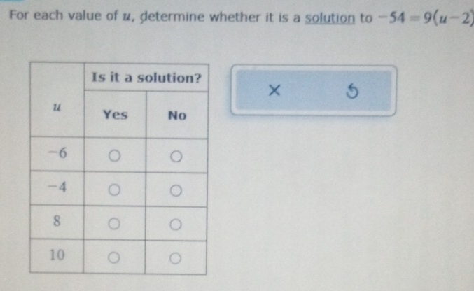 For each value of u, determine whether it is a solution to -54=9(u-2)
× 5