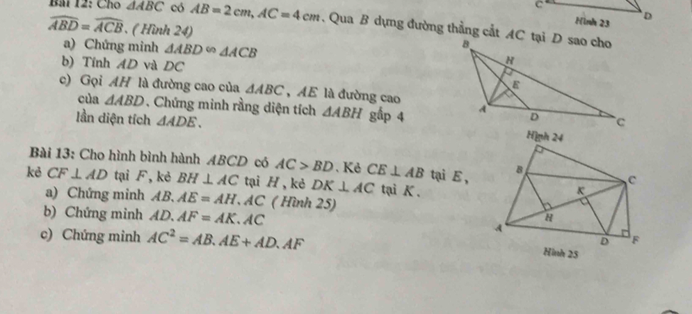 Cho △ ABC có AB=2cm, AC=4cm. Qua B dựng đường thẳng cắt AC tại D sao cho
widehat ABD=widehat ACB. ( Hình 24) 
a) Chứng minh △ ABD∽ △ ACB
b) Tính AD và DC
c) Gọi AH là đường cao của △ ABC , AE là đường cao 
của △ ABD. Chứng minh rằng diện tích △ ABH gấp 4
lần diện tích △ ADE. 
Hìph 24 
Bài 13: Cho hình bình hành ABCD có AC>BD. Kẻ CE⊥ AB tại E, B
C
kẻ CF⊥ AD tại F, kẻ BH⊥ AC tại H ,kẻ DK⊥ AC tại K.
K
a) Chứng minh AB 3 AE=AH AC ( Hình 25) 

b) Chứng minh Al 0.AF=AK AC A
H
c) Chứng minh AC^2=AB.AE+AD.AF
D F
Hinh 25