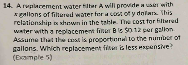 A replacement water filter A will provide a user with
x gallons of filtered water for a cost of y dollars. This 
relationship is shown in the table. The cost for filtered 
water with a replacement filter B is $0.12 per gallon. 
Assume that the cost is proportional to the number of
gallons. Which replacement filter is less expensive? 
(Example 5)