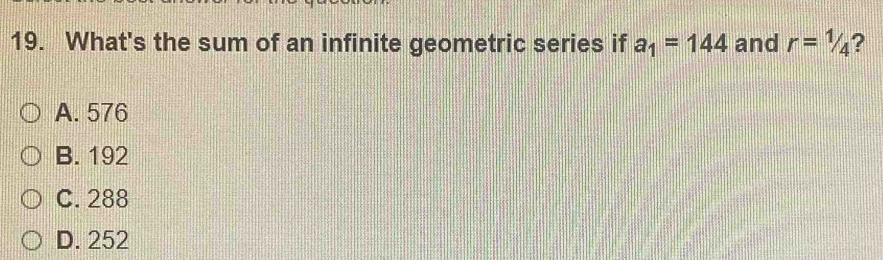 Solved: What's the sum of an infinite geometric series if a_1=144 and r ...