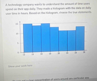 A technology company wants to understand the amount of time users 
spend on their app daily. They made a histogram with the data on daily 
user time in hours. Based on the histogram, choose the true statements. 
Show your work here 
ot clear concentration of users around anv particular aoo