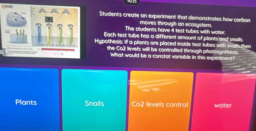 14/25
Students create an experiment that demonstrates how carbon
moves through an ecosystem.
The students have 4 test tubes with water.
Each test tube has a different amount of plants and snails.
Hypothesis: If a plants are placed inside test tubes with snails then
the Co2 levels will be controlled through photosynthesis.
What would be a constat variable in this experiment?
Plants Snails Co2 levels control water