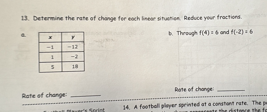 Determine the rate of change for each linear situation. Reduce your fractions. 
a. 
b. Through f(4)=6 and f(-2)=6
Rate of change:_ 
Rate of change:_ 
v er's Sprint 14. A football player sprinted at a constant rate. The p 
a s a n ts th e distance th e fo