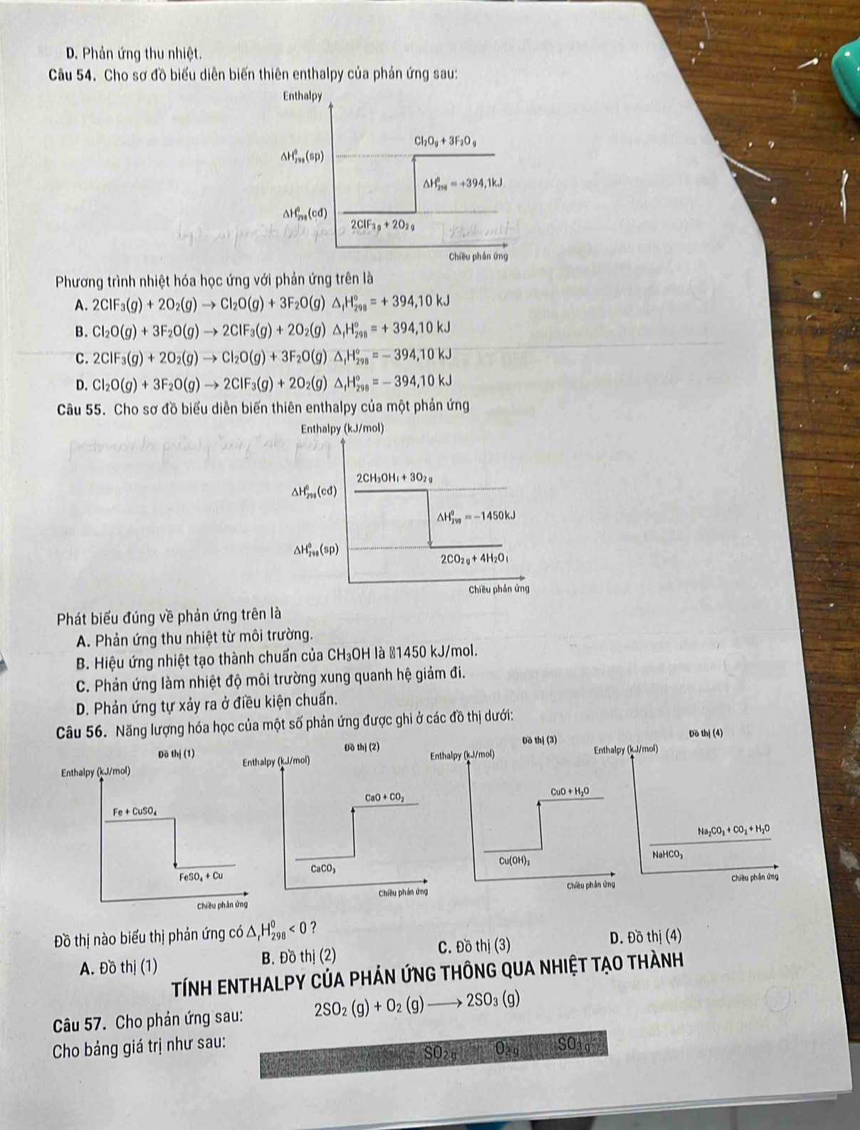 D. Phản ứng thu nhiệt.
Câu 54. Cho sơ đồ biểu diễn biến thiên enthalpy của phản ứng sau:
Enthalpy
Cl_2O_9+3F_2O_9
△ H_(299)^0(sp)
△ H_(279)^0=+394,1kJ
△ H_(298)^o(cd)
2CIF_39+2O_29
Chiều phần ứng
Phương trình nhiệt hóa học ứng với phản ứng trên là
A. 2CIF_3(g)+2O_2(g)to CI_2O(g)+3F_2O(g)△ _fH_(298)°=+394,10kJ
B. Cl_2O(g)+3F_2O(g)to 2ClF_3(g)+2O_2(g)△ _1H_(298)°=+394,10kJ
C. 2ClF_3(g)+2O_2(g)to Cl_2O(g)+3F_2O(g)△ _fH_(298)°=-394,10kJ
D. Cl_2O(g)+3F_2O(g)to 2ClF_3(g)+2O_2(g)△ _fH_(298)°=-394,10kJ
Câu 55. Cho sơ đồ biểu diễn biến thiên enthalpy của một phản ứng
Enthalpy (kJ/mol)
2CH_3OH_1+3O_2
△ H_(298)^0(cd)
△ H_(2ve)^0=-1450kJ
△ H_(298)^o(sp)
2CO_2g+4H_2O_1
Chiều phần ứng
Phát biểu đúng về phản ứng trên là
A. Phản ứng thu nhiệt từ môi trường.
B. Hiệu ứng nhiệt tạo thành chuẩn của CH₃OH là #1450 kJ/mol.
C. Phản ứng làm nhiệt độ môi trường xung quanh hệ giảm đi.
D. Phản ứng tự xảy ra ở điều kiện chuẩn.
Câu 56. Năng lượng hóa học của một số phản ứng được ghi ở các đồ thị dưới:
Đồ thị (3) Dồ thj(4)
alpy (kJ/mol) Enthalpy (kJ/mol)
CuO+H_2O
Na_2CO_3+CO_2+H_2O
Cu(OH)_2
NaHCO_3
Chiều phản ứng
Chiều phần ứng
Đồ thị nào biểu thị phản ứng có △ _rH_(298)^0<0</tex> 7
A. Đồ thị (1) B. Đồ thị (2) C. Đồ thị (3)
D. Đồ thị (4)
TíNH ENTHALPY CủA PHẢN ỨNG THÔNG QUA NHIỆT TẠO THÀNH
Câu 57. Cho phản ứng sau: 2SO_2(g)+O_2(g)to 2SO_3(g)
Cho bảng giá trị như sau: SO1d
So 0