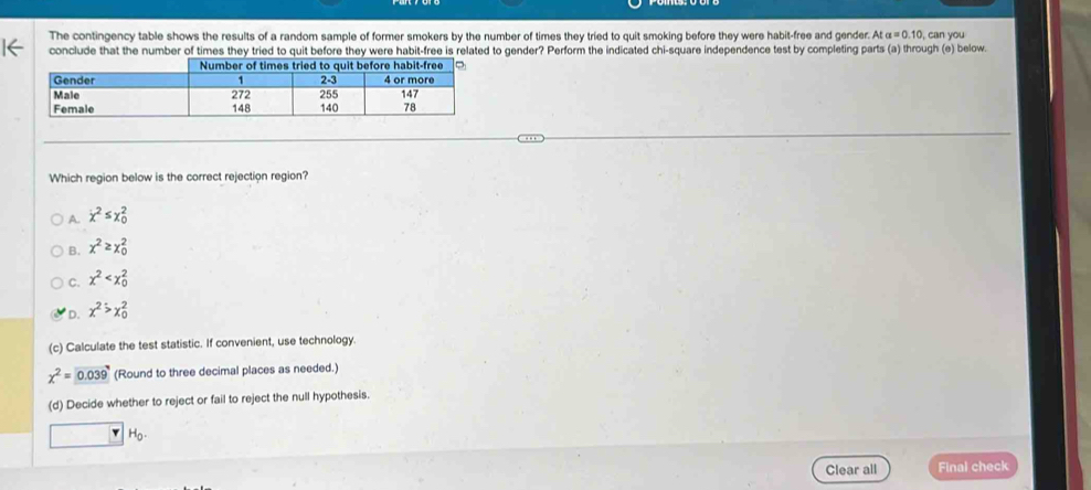 The contingency table shows the results of a random sample of former smokers by the number of times they tried to quit smoking before they were habit-free and gender. Atalpha =0.10 can you
I← conclude that the number of times they tried to quit before they were habit-free is related to gender? Perform the indicated chi-square independence test by completing parts (a) through (e) below.
Which region below is the correct rejection region?
A. x^2≤ x_0^(2
B. x^2)≥ x_0^(2
C. x^2)
D. x^2>x_0^(2
(c) Calculate the test statistic. If convenient, use technology.
x^2)=0.039 (Round to three decimal places as needed.)
(d) Decide whether to reject or fail to reject the null hypothesis.
□ □ H_0. 
Clear all Final check