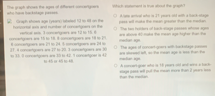 The graph shows the ages of different concertgoers Which statement is true about the graph?
who have backstage passes.
A late arrival who is 21 years old with a back-stage
Graph shows age (years) labeled 12 to 48 on the pass will make the mean greater than the median.
horizontal axis and number of concertgoers on the The two holders of back-stage passes whose ages
vertical axis. 3 concertgoers are 12 to 15. 6 are above 40 make the mean age higher than the
concertgoers are 15 to 18. 8 concertgoers are 18 to 21. median age.
6 concertgoers are 21 to 24. 5 concertgoers are 24 to
27. 4 concertgoers are 27 to 20. 3 concertgoers are 30 The ages of concert-goers with backstage passes
to 33. 0 concertgoers are 33 to 42. 1 concertgoer is 42 are skewed left, so the mean age is less than the
to 45 or 45 to 48. median age.
A concert-goer who is 18 years old and wins a back-
stage pass will pull the mean more than 2 years less
than the median.