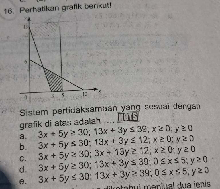 Perhatikan grafik berikut!
Sistem pertidaksamaan yang sesuai dengan
grafik di atas adalah … HOTS
a. 3x+5y≥ 30; 13x+3y≤ 39; x≥ 0; y≥ 0
b. 3x+5y≤ 30; 13x+3y≤ 12; x≥ 0; y≥ 0
C. 3x+5y≥ 30; 3x+13y≥ 12; x≥ 0; y≥ 0
d. 3x+5y≥ 30; 13x+3y≤ 39; 0≤ x≤ 5; y≥ 0
e. 3x+5y≤ 30; 13x+3y≥ 39; 0≤ x≤ 5; y≥ 0
iko a h ui meniual dua jenis