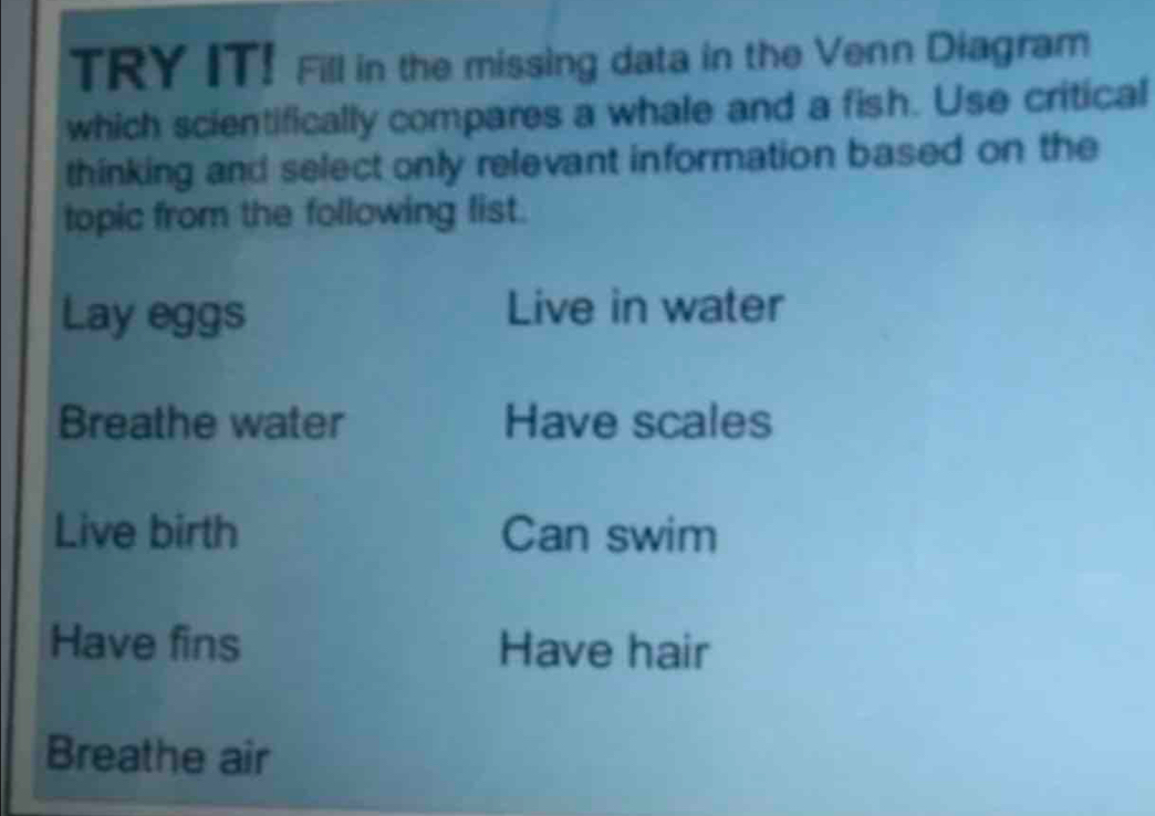 TRY IT! Fill in the missing data in the Venn Diagram 
which scientifically compares a whale and a fish. Use critical 
thinking and select only relevant information based on the 
topic from the following list. 
Lay eggs Live in water 
Breathe water Have scales 
Live birth Can swim 
Have fins Have hair 
Breathe air