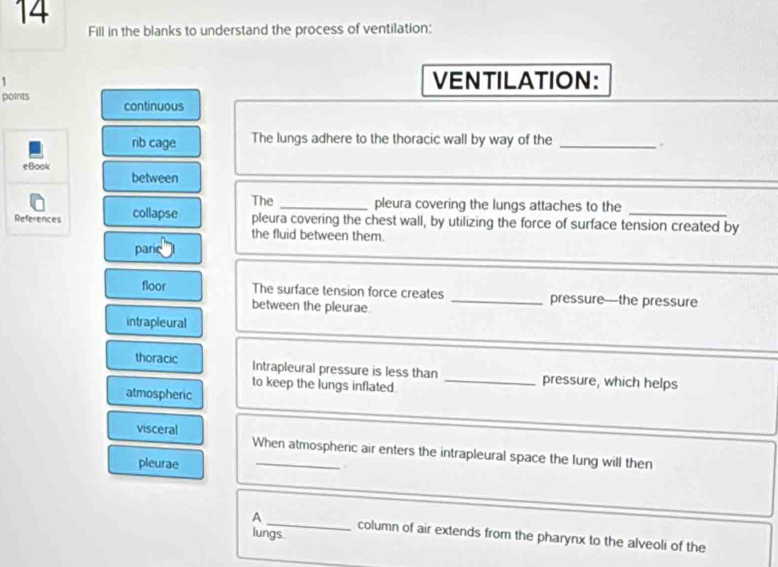 Fill in the blanks to understand the process of ventilation:
1 VENTILATION:
points continuous
rib cage The lungs adhere to the thoracic wall by way of the_
.
_
eBook
between
The _pleura covering the lungs attaches to the
References collapse pleura covering the chest wall, by utilizing the force of surface tension created by
the fluid between them.
paric
floor The surface tension force creates _pressure—the pressure
between the pleurae
intrapleural
_
thoracic Intrapleural pressure is less than _pressure, which helps
to keep the lungs inflated.
atmospheric
visceral
When atmospheric air enters the intrapleural space the lung will then
pleurae
lungs
A _column of air extends from the pharynx to the alveoli of the