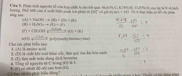 Phân tích nguyên tố của hợp chất A cho kết quả: 46, 61% C; 8,74% H; 31,07% O; còn lại là N về khối 
lượng. Phổ MS của A xuất hiện peak ion phân tử [M]* có giá trị m/z=103. Từ A thực hiện sơ đồ các phản 
ứng sau:
(A)+NaOHto (B)+(D)+(K)
(B)+H_2SO_4to (E)+(F)
(F)+CH_3OHxrightarrow H_2SO_4dac(G)+(K)
n(G)xrightarrow _ r°.P.xtpoly (methylmetacrylate) 
Cho các phát biểu sau: 
1. (A) là amino acid. 
2. (D) là chất khí mùi khai xốc, làm quỳ tím ẩm hóa xanh. 
3. (E) làm mất màu dung dịch bromine. 
4. Tổng số nguyên tử C trong (G) là 5. 
5. (F) có nhiệt độ sôi cao hơn (G). 
Có bao nhiêu phát biểu đúng? ất nhiều trong y học. Thuốc có tác dụng giảm