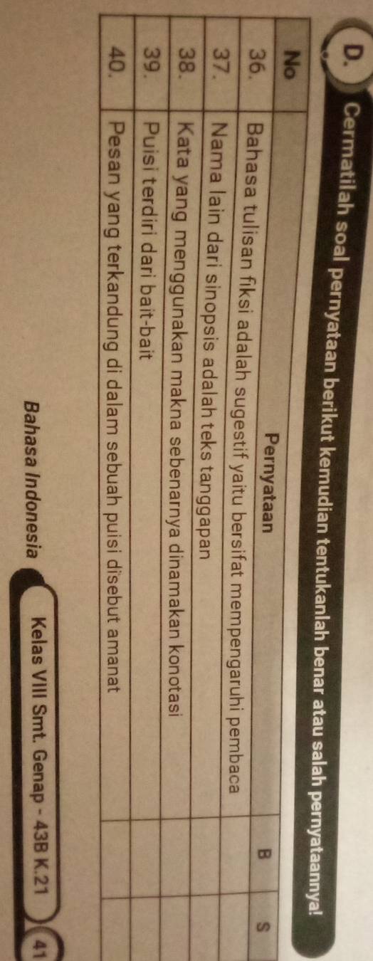 Cermatilah soal pernyataan berikut kemudian tentukanlah benar a 
Bahasa Indonesia Kelas VIII Smt. Genap - 43B K. 21 41