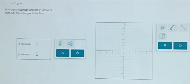 x+3y=6
Find the x-intercept and the y-intercept. 
Then use them to graph the line. 
x-intercept:  □ /□   □  □ /□  
% 5
y -imercept: □ x