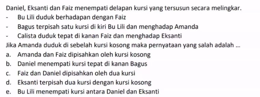 Daniel, Eksanti dan Faiz menempati delapan kursi yang tersusun secara melingkar.
Bu Lili duduk berhadapan dengan Faiz
Bagus terpisah satu kursi di kiri Bu Lili dan menghadap Amanda
Calista duduk tepat di kanan Faiz dan menghadap Eksanti
Jika Amanda duduk di sebelah kursi kosong maka pernyataan yang salah adalah ...
a. Amanda dan Faiz dipisahkan oleh kursi kosong
b. Daniel menempati kursi tepat di kanan Bagus
c. Faiz dan Daniel dipisahkan oleh dua kursi
d. Eksanti terpisah dua kursi dengan kursi kosong
e. Bu Lili menempati kursi antara Daniel dan Eksanti