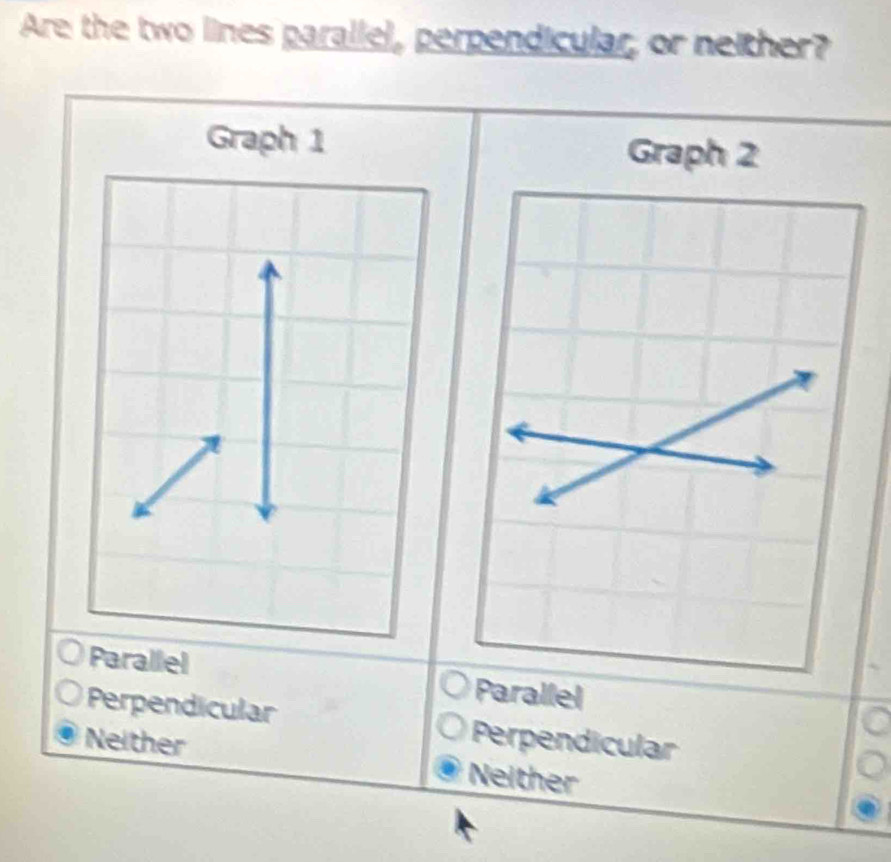 Are the two lines parallel, perpendicular, or neither?
Parallel Parallel
Perpendicular Perpendicular
Neither Neither