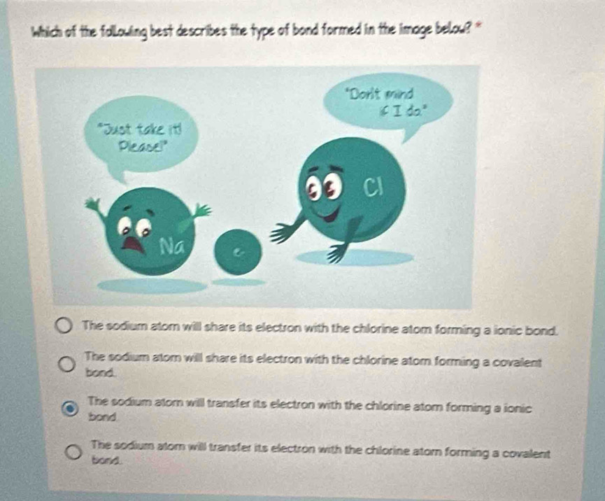 Wwhich of the following best describes the type of bond formed in the image below? '
The sodium atom will share its electron with the chlorine atom forming a ionic bond.
The sodium atom will share its electron with the chlorine atom forming a covalent
bond.
The sodium atom will transfer its electron with the chlorine atom forming a ionic
bond
The sodium atom will transfer its electron with the chlorine atorn forming a covalent
bond.