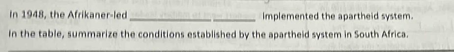 In 1948, the Afrikaner-led_ _implemented the apartheid system. 
In the table, summarize the conditions established by the apartheid system in South Africa.