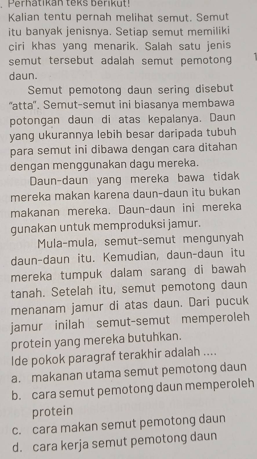 Perhatikan teks berikut!
Kalian tentu pernah melihat semut. Semut
itu banyak jenisnya. Setiap semut memiliki
ciri khas yang menarik. Salah satu jenis
semut tersebut adalah semut pemotong 1
daun.
Semut pemotong daun sering disebut
'atta'. Semut-semut ini biasanya membawa
potongan daun di atas kepalanya. Daun
yang ukurannya lebih besar daripada tubuh
para semut ini dibawa dengan cara ditahan
dengan menggunakan dagu mereka.
Daun-daun yang mereka bawa tidak
mereka makan karena daun-daun itu bukan
makanan mereka. Daun-daun ini mereka
gunakan untuk memproduksi jamur.
Mula-mula, semut-semut mengunyah
daun-daun itu. Kemudian, daun-daun itu
mereka tumpuk dalam sarang di bawah
tanah. Setelah itu, semut pemotong daun
menanam jamur di atas daun. Dari pucuk
jamur inilah semut-semut memperoleh
protein yang mereka butuhkan.
Ide pokok paragraf terakhir adalah ....
a. makanan utama semut pemotong daun
b. cara semut pemotong daun memperoleh
protein
c. cara makan semut pemotong daun
d. cara kerja semut pemotong daun